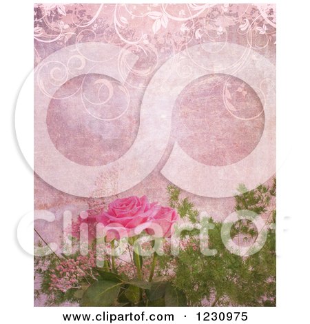 Clipart of a Vintage Pink Aged Paper Background with Roses - Royalty Free Illustration by KJ Pargeter