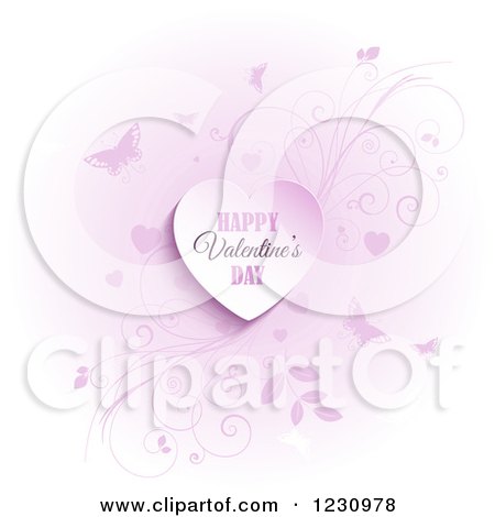 Clipart of a Happy Valentines Day Greeting Heart with Butterflies and Vines - Royalty Free Vector Illustration by KJ Pargeter