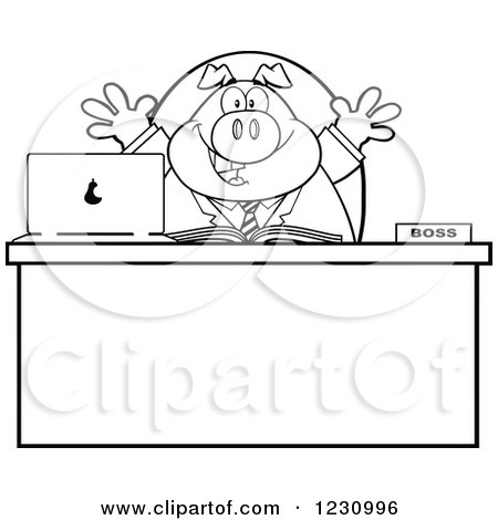 Clipart of an Outlined Happy Boss Business Pig at an Office Desk - Royalty Free Vector Illustration by Hit Toon
