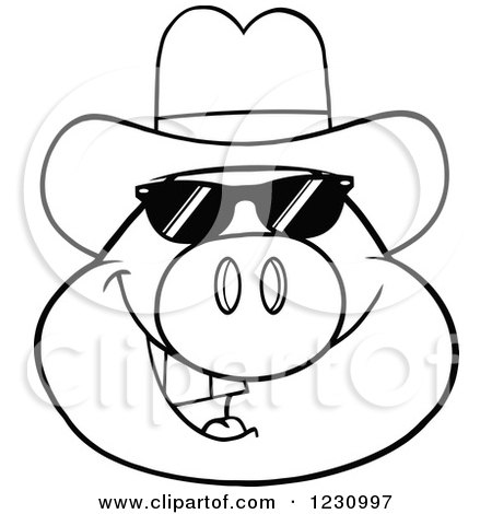 Clipart of an Outlined Pig Head with a Cowboy Hat and Sunglasses - Royalty Free Vector Illustration by Hit Toon