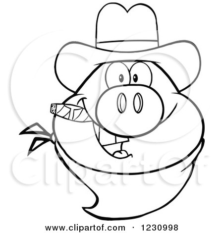 Clipart of an Outlined Pig Head with a Cowboy Hat Cigar and Bandana - Royalty Free Vector Illustration by Hit Toon