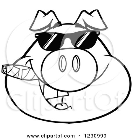 Clipart of an Outlined Pig Head with a Cigar and Sunglasses - Royalty Free Vector Illustration by Hit Toon