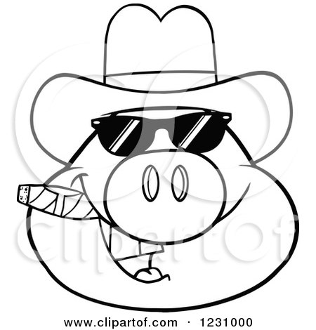 Clipart of an Outlined Pig Head with a Cowboy Hat, Cigar and Sunglasses - Royalty Free Vector Illustration by Hit Toon