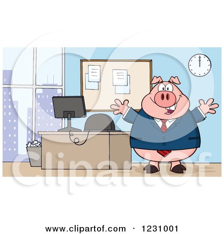 Clipart of a Boss Business Pig with Open Arms by an Office Desk - Royalty Free Vector Illustration by Hit Toon