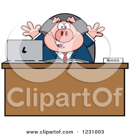 Clipart of a Boss Business Pig with Open Arms at an Office Desk - Royalty Free Vector Illustration by Hit Toon