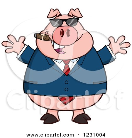 Clipart of a Business Pig with Open Arms, a Cigar and Sunglasses - Royalty Free Vector Illustration by Hit Toon