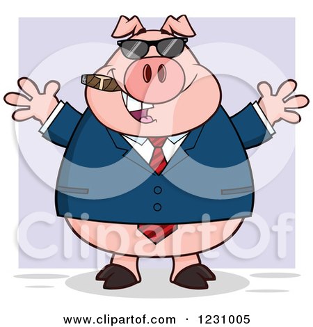 Clipart of a Business Pig with Open Arms, a Cigar and Sunglasses over Purple - Royalty Free Vector Illustration by Hit Toon