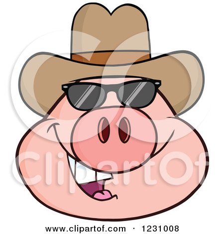 Clipart of a Pig Head with a Cowboy Hat and Sunglasses - Royalty Free Vector Illustration by Hit Toon