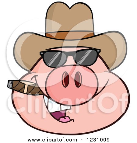 Clipart of a Pig Head with a Cowboy Hat, Cigar and Sunglasses - Royalty Free Vector Illustration by Hit Toon