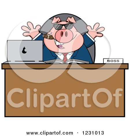 Clipart of a Boss Business Pig with Sunglasses and a Cigar at an Office Desk - Royalty Free Vector Illustration by Hit Toon