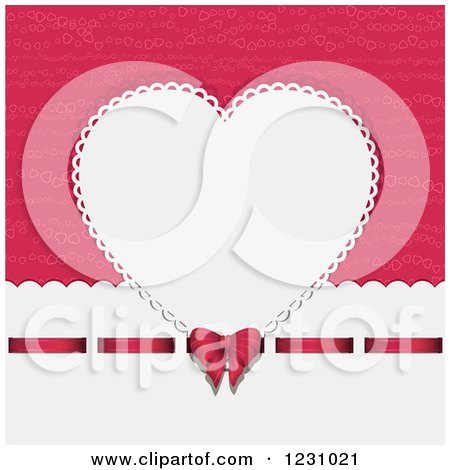 Clipart of a White Doily Heart with a Bow and Ribbon over Pink - Royalty Free Vector Illustration by elaineitalia