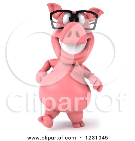 Clipart of a 3d Bespectacled Pig Walking - Royalty Free Illustration by