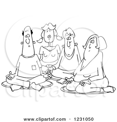 Clipart of a Black and White Group of Men and Women Meditating - Royalty Free Vector Illustration by djart