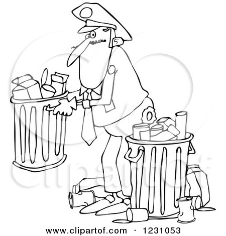 Clipart of a Black and White Man Picking up a Garbage Can - Royalty Free Vector Illustration by djart