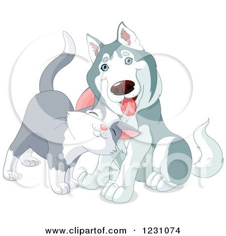 Clipart of a Cute Gray Cat Rubbing Against a Husky Dog - Royalty Free Vector Illustration by Pushkin