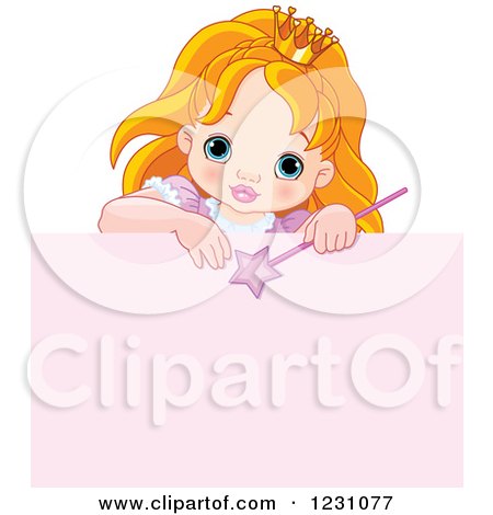 Clipart of a Cute Red Haired Princess Girl over a Pink Sign - Royalty Free Vector Illustration by Pushkin