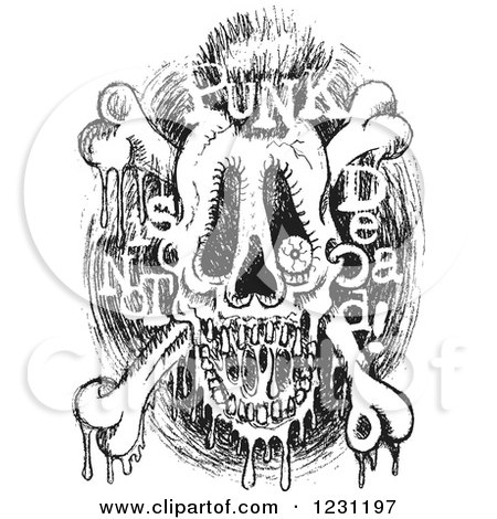 Clipart of a Black and White Sketched Skull and Crossbones with Punk Is Not Dead Text - Royalty Free Vector Illustration by Andy Nortnik