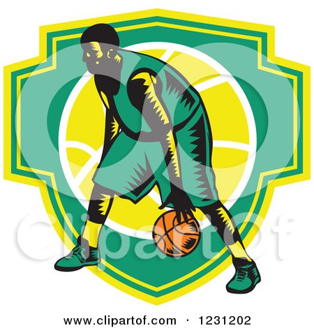 Clipart of a Woodcut Basketball Player Dribbling over a Green and Yellow Shield - Royalty Free Vector Illustration by patrimonio