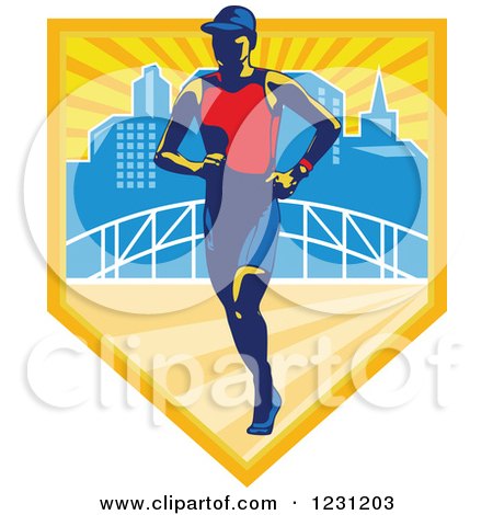 Clipart of a Triathlete Marathon Runner over a Skyline and Bridge in a Shield - Royalty Free Vector Illustration by patrimonio