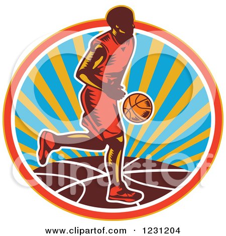 Clipart of a Woodcut Basketball Player Dribbling over a Sunny Circle - Royalty Free Vector Illustration by patrimonio
