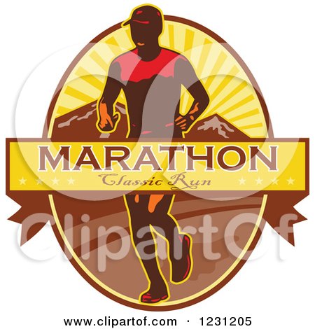 Clipart of a Marathon Classic Run Banner over a Man and Mountains - Royalty Free Vector Illustration by patrimonio