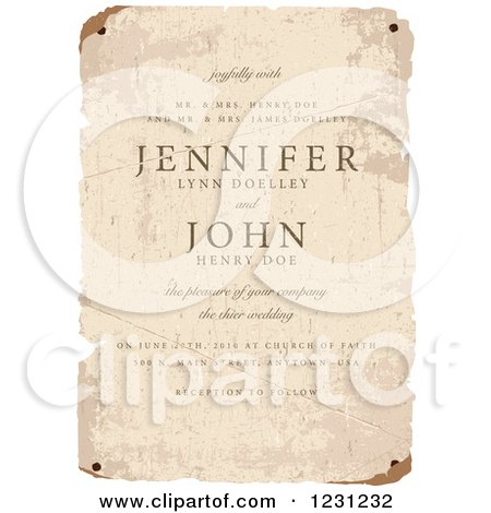 Clipart of a Vintage Distressed Wedding Invitation Paper with Sample Text - Royalty Free Vector Illustration by BestVector