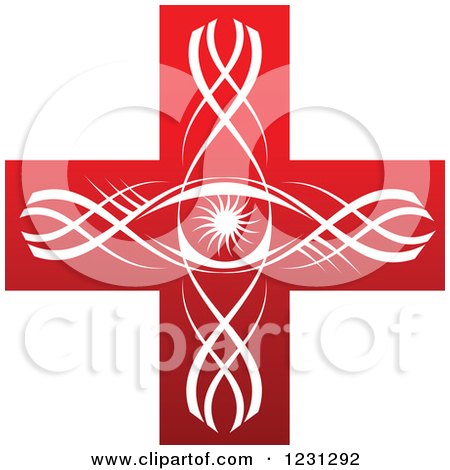 Clipart of a Red Cross with Swirls and a Burst - Royalty Free Vector Illustration by Vector Tradition SM