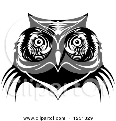 Clipart of a Black and White Owl Face Tribal Tattoo 3 - Royalty Free Vector Illustration by Vector Tradition SM