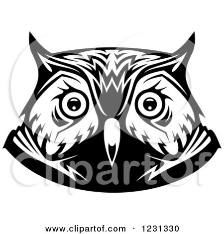 Clipart of a Black and White Owl Face Tribal Tattoo 2 - Royalty Free Vector Illustration by Vector Tradition SM