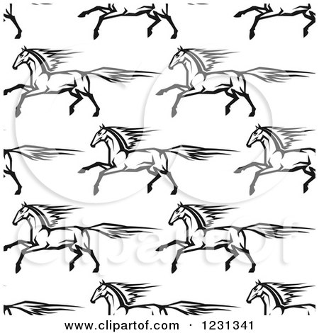 Clipart of a Seamless Background Pattern of Black and White Running Horses - Royalty Free Vector Illustration by Vector Tradition SM