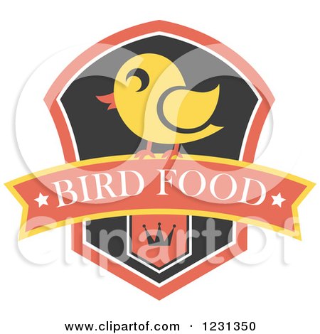 Clipart of a Chick on a Bird Food Banner and Crown Shield - Royalty Free Vector Illustration by Vector Tradition SM