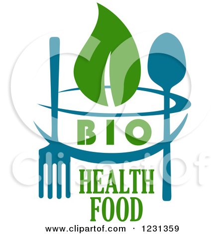 Clipart of a Blue Bowl and Silverware with Green Bio Health Food and Leaves Text - Royalty Free Vector Illustration by Vector Tradition SM