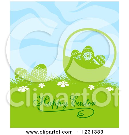 Clipart of a Happy Easter Greeting with Eggs and a Bsket Under a Blue Sky - Royalty Free Vector Illustration by Vector Tradition SM