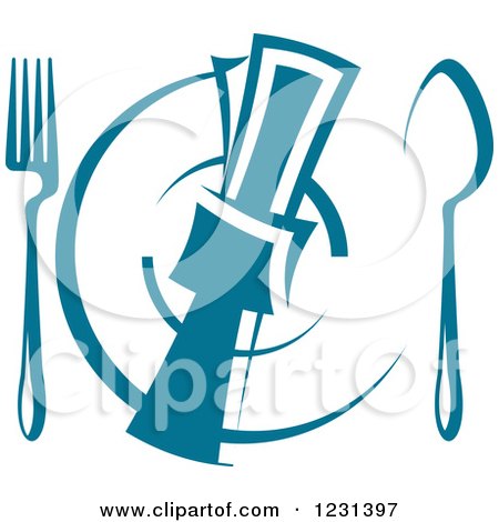 Clipart of a Teal Napkin on a Plate with Silverware - Royalty Free Vector Illustration by Vector Tradition SM