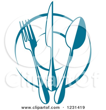 Clipart of a Blue Fork Knife and Spoon on a Plate - Royalty Free Vector Illustration by Vector Tradition SM