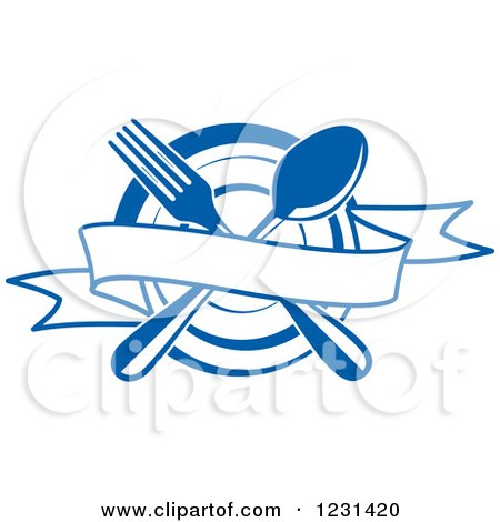 Clipart of a Blue Banner over a Crossed Fork and Spoon and a Plate - Royalty Free Vector Illustration by Vector Tradition SM