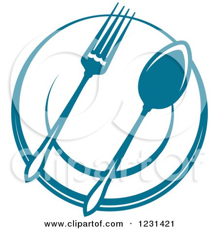 Clipart of a Blue Fork and Spoon on a Plate - Royalty Free Vector Illustration by Vector Tradition SM