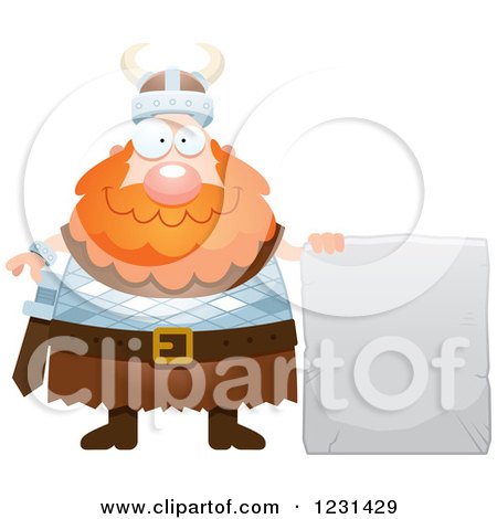 Clipart of a Happy Red Haired Viking Man with a Stone Tablet Sign - Royalty Free Vector Illustration by Cory Thoman