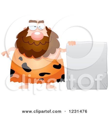 Clipart of a Happy Caveman by a Stone Tablet Sign - Royalty Free Vector Illustration by Cory Thoman