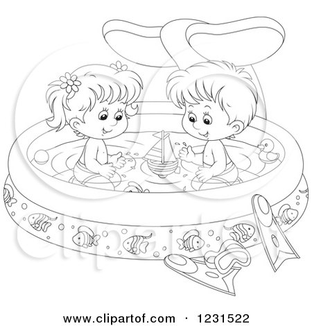 Clipart of an Outlined Boy and Girl with Toys in a Whale Swimming Pool - Royalty Free Vector Illustration by Alex Bannykh