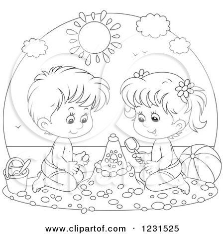 Clipart of an Outlined Boy and Girl Making a Sand Castle - Royalty Free Vector Illustration by Alex Bannykh
