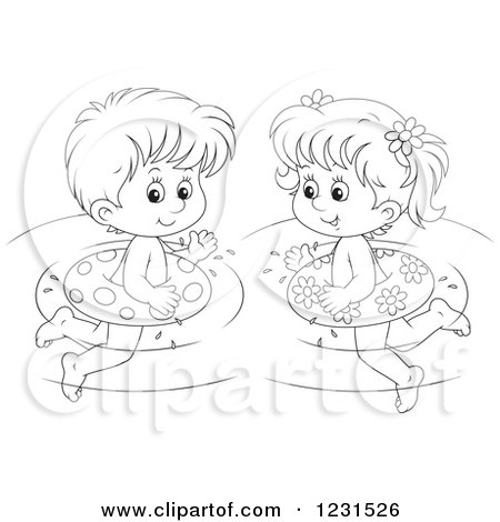 Clipart of an Outlined Boy and Girl Swimming with Inner Tubes - Royalty Free Vector Illustration by Alex Bannykh