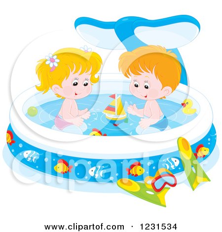 Clipart of a Caucasian Boy and Girl with Toys in a Whale Swimming Pool - Royalty Free Vector Illustration by Alex Bannykh