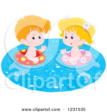 Clipart of a White Boy and Girl Swimming with Inner Tubes - Royalty Free Vector Illustration by Alex Bannykh