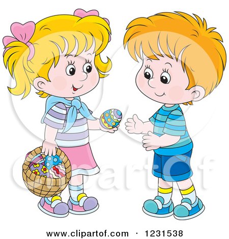 Clipart of a White Boy and Girl Exchanging an Easter Egg - Royalty Free Vector Illustration by Alex Bannykh