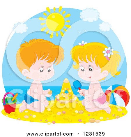 Clipart of a Caucasian Boy and Girl Making a Sand Castle - Royalty Free Vector Illustration by Alex Bannykh