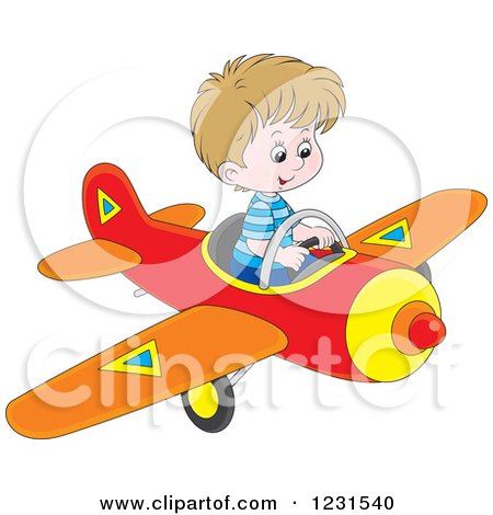 Clipart of a Caucasian Boy Flying an Airplane - Royalty Free Vector Illustration by Alex Bannykh