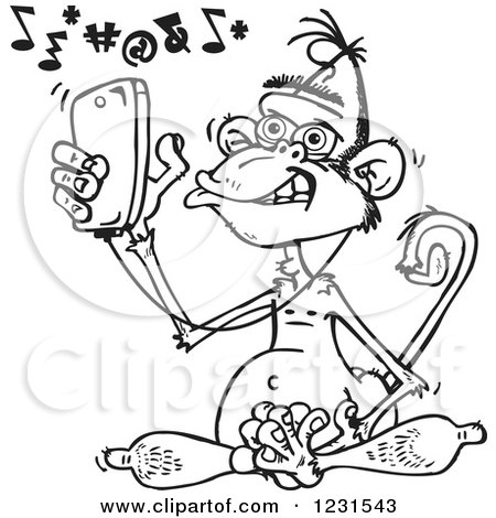 Clipart of a Black and White Mad Wise Monkey Texting and Listening to Music on a Cell Phone - Royalty Free Vector Illustration by Dennis Holmes Designs