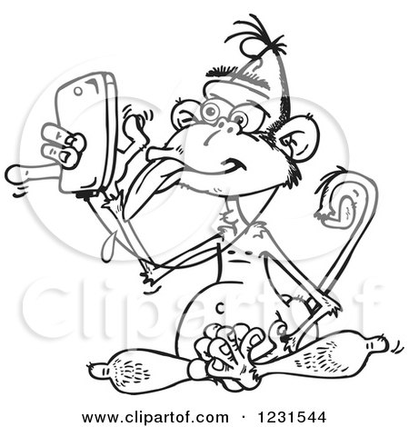 Clipart of a Black and White Drooling Wise Monkey Using a Cell Phone Music Player - Royalty Free Vector Illustration by Dennis Holmes Designs