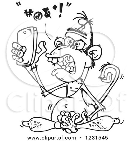 Clipart of a Black and White Furious Wise Monkey Texting and Listening to Music on a Cell Phone - Royalty Free Vector Illustration by Dennis Holmes Designs